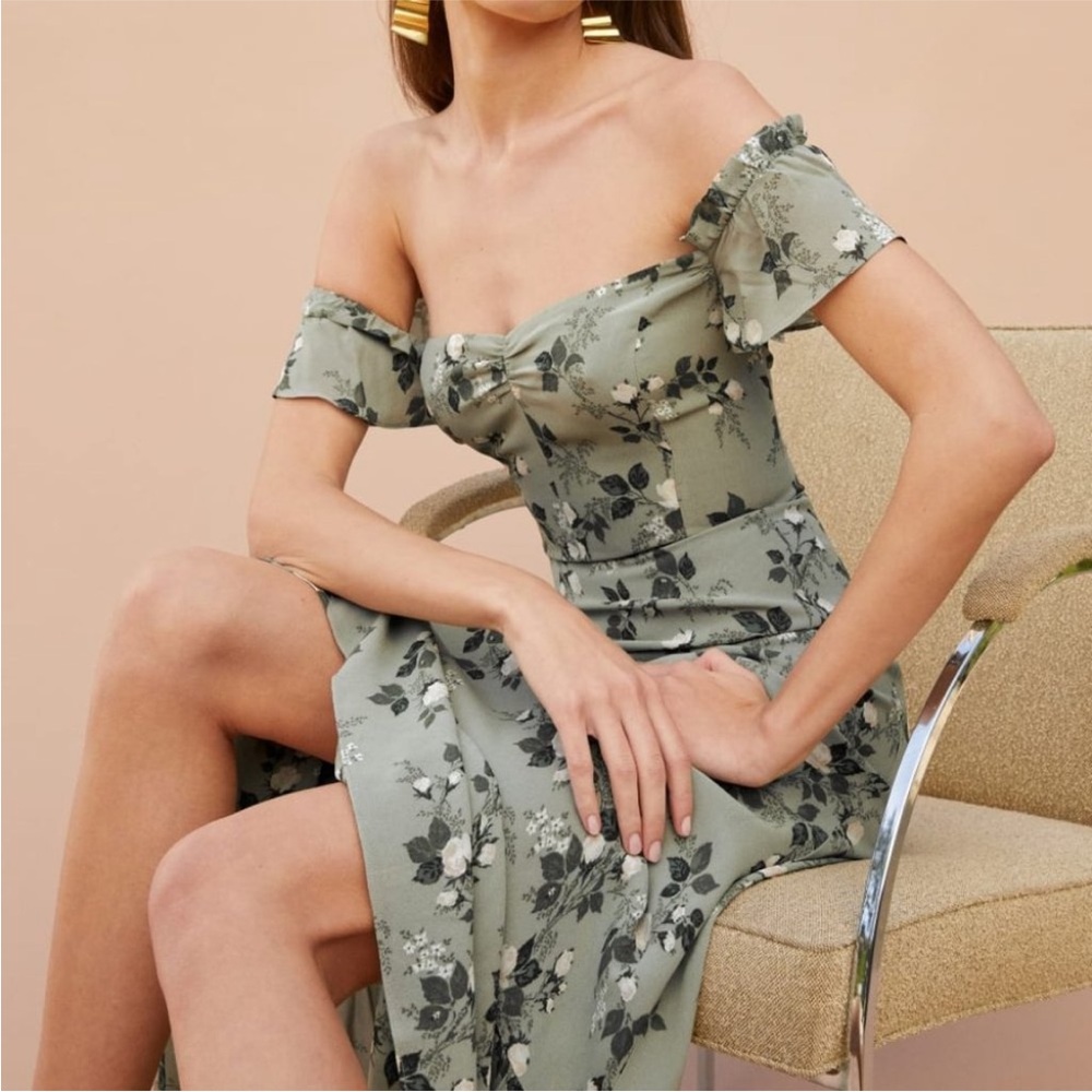 Reformation Butterfly Floral Off-Shoulder Green Dress